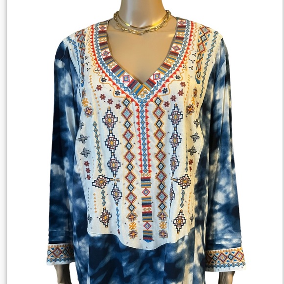 NWT John Mark BLUE HAZE Colorful Embroidered TIE DYE GAUZY BOHO Tunic To… - Picture 8 of 14